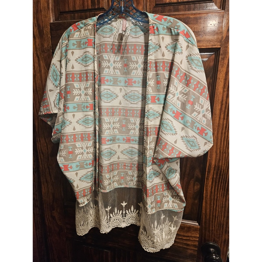 Mauve Aztec Print Lace Hem Kimono Cardigan Sweater Women Size L Multicolor
